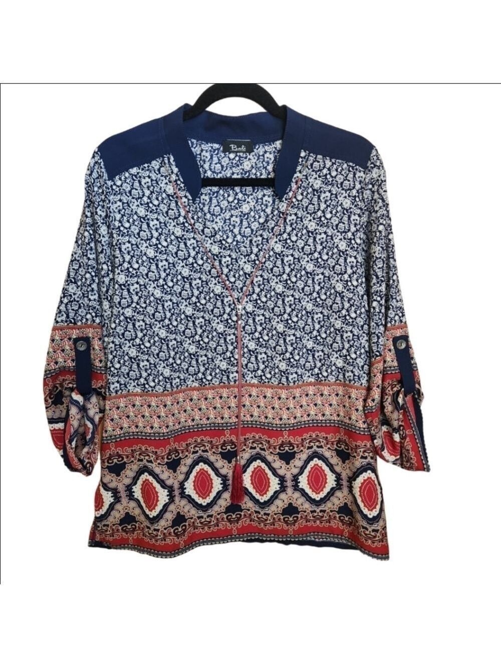UNIQUE BALI PRINT TAB SLEEVE BLOUSE TOP WITH ZIP TASSLE "NECKLACE" DETAIL LARGE
